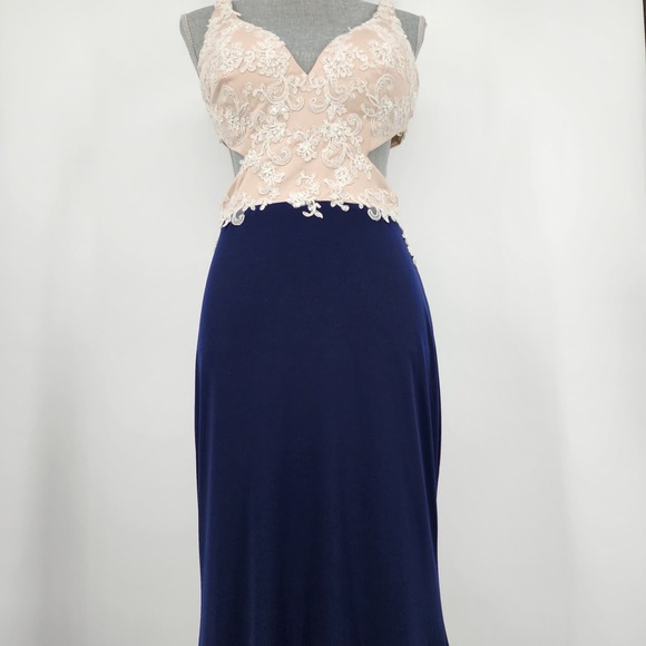 Nina Canacci Formal Evening Dress 10 Embellished Beaded Cut Out Navy‎ Blue Cream - Picture 9 of 15